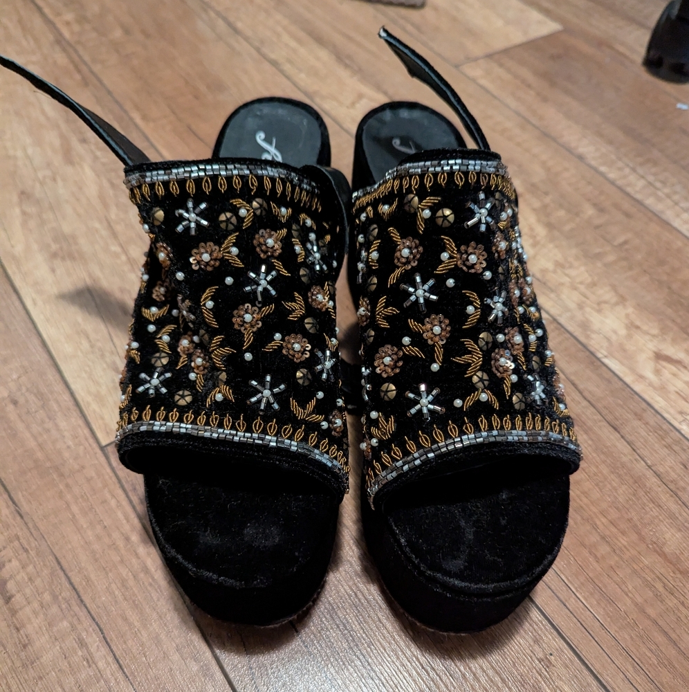 FREE PEOPLE Embellished Nicola Wedge Sandal Beaded Velvet Sandals Black 40 / 10 - Picture 6 of 11